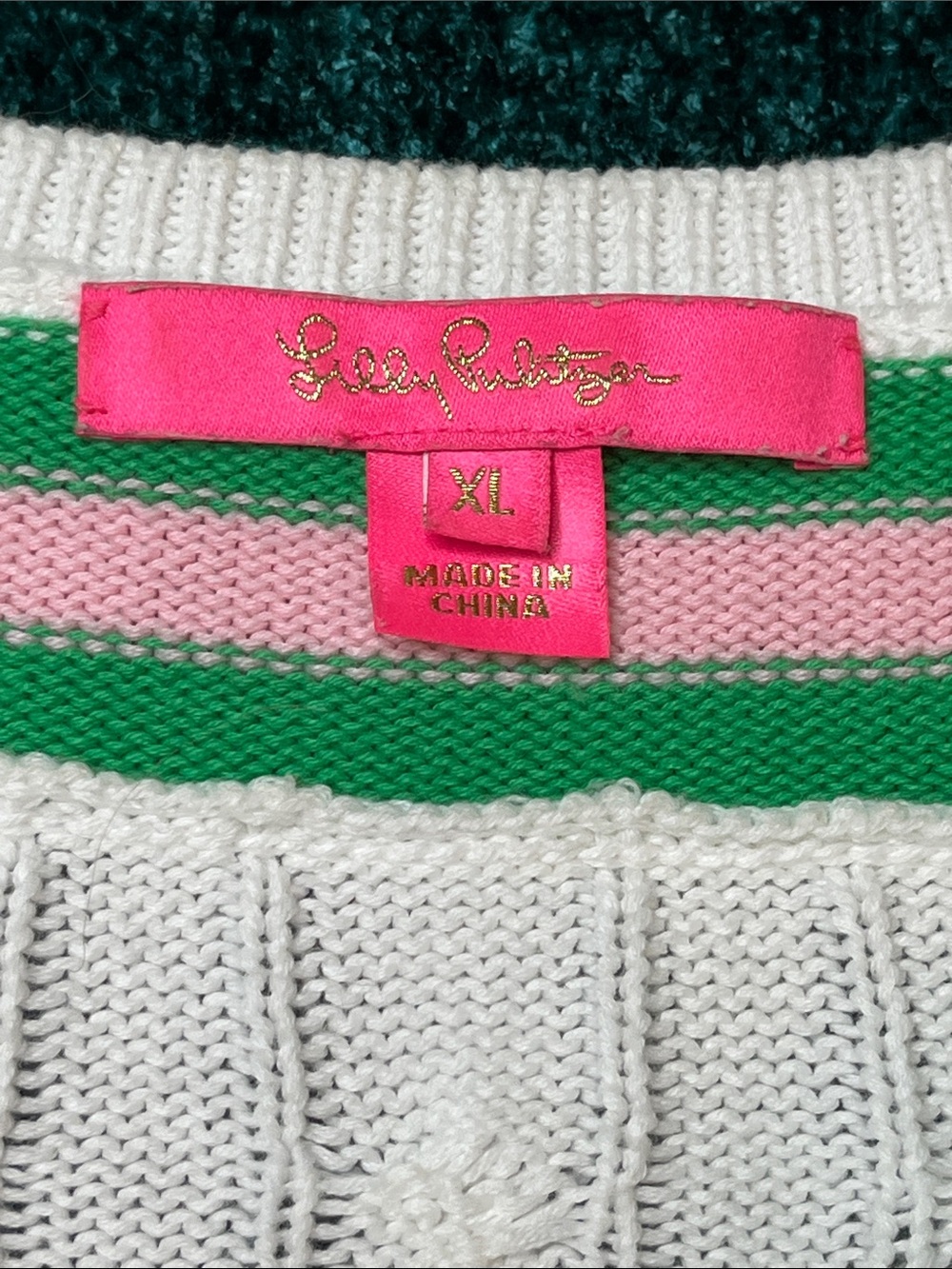 Lily Pulitzer-White Cable-Knit V-Neck Sweater with Green & Pink Trim-XL - Picture 6 of 7